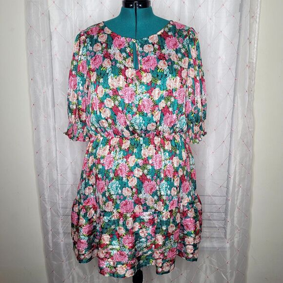 Melloday Pink Teal‎ Floral Puff Sleeve Plissé Easter Bloomcore Minidress Size XL - Picture 2 of 8